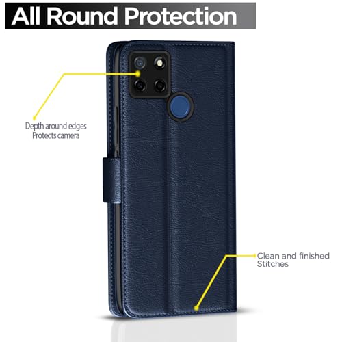 Image of Pikkme Flip Cover Leather Finish | Inside TPU with Card Pockets | Wallet Stand and Shock Proof | Complete Protection Button Flip Case for Realme C12 / Realme Narzo 20 / Narzo 30A / Realme C25 (Blue)