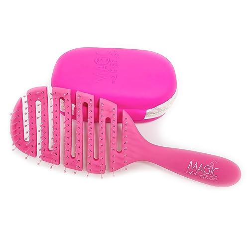 Magic Hair Brush Detangler Sports - Travel Detangle Comb for Women, Men and Children Detangling Vented Hairbrush with Flexible Bristles for Wet, Curly, Thick Hair, Dark Pink with Case