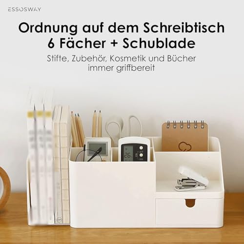 ESSOSWAY Schreibtisch Organizer - mit Stiftehalter - für Kosmetik Bücher - 6 Sortierfächer und Schublade - Büro Home Office Zubehör - Weiß