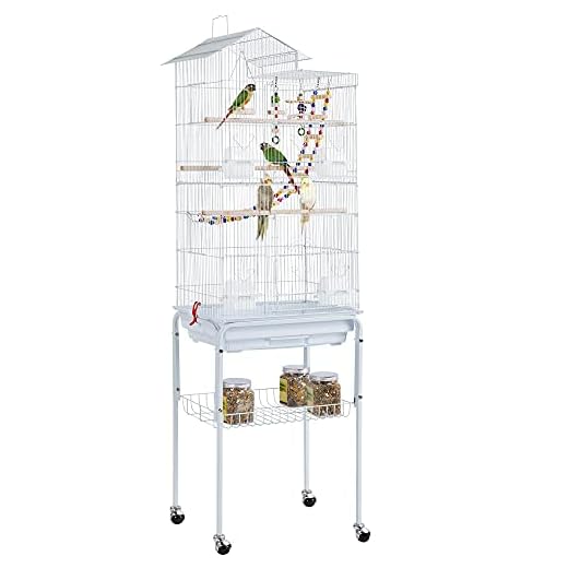 Yaheetech 62.5-inch Roof Top Flight Bird Cage for Parakeets Cockatiels Conures Finches Lovebirds Canaries Budgies Small Parrots, Large Birdcage with Detachable Rolling Stand, White