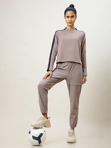 Image of TECHNOSPORT Womens Polyester Crew Neck Slim Fit Color Blocked Crop Sweatshirt Quick Dry & Antimicrobial