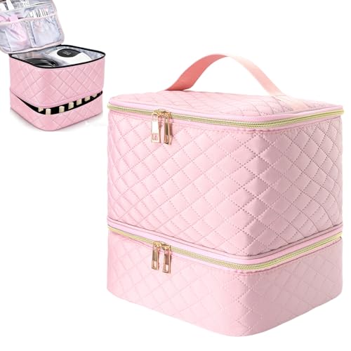 Eulihent Nail Varnish Storage Double Layer Nail Bag Organiser Cosmetic Bag with Adjustable Dividers for 30 Bottles Lipstick Manicure Tools Storage(Pink)