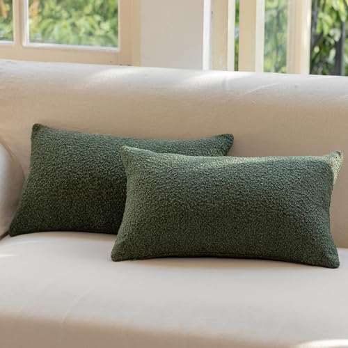 GEEORY Decorative Throw Pillow Covers 12x20 Inch Pack of 2,Textured Boucle Neutral Lumbar Cushion Cases for Bed Couch Sofa, Accent Mordern Farmhouse & Minimalist Home Decor (Olive Green) GE05-12