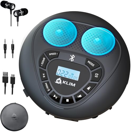 KLIM Speaker - Lecteur CD Portable avec Haut-parleurs & Écouteurs - Bluetooth - Rechargeable - Baladeur Lecteur CD Enfant/Adulte - Carte SD/TF - AUX -Idéal pour Voiture