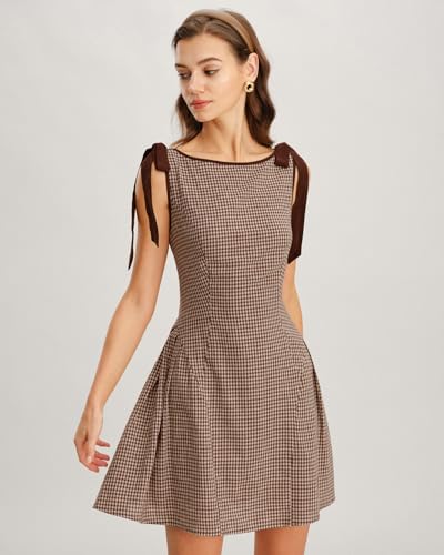 Image of RIHOAS Women's Plaid Gingham Dress Summer Midi Dresses for Women 2026 | Cute,Boat Neck,Bow Tie,A line,Vintage,Sleeveless,Spring,Winter,Casual Daily,Picnic,Travel,Vacation,Christmas Festive Occasion