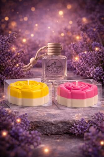 Image of Luxury Rose Petal Candle Set (Rose & Vanilla) with Lavender Hanging Car Diffuser - Decorative Floral Candle Combo for Home & Car Perfume | Mount Wolf