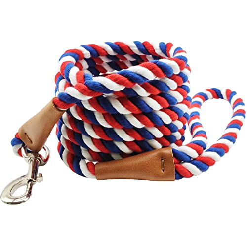 BTINESFUL 10 Foot Braided Rope Leash, Strong Comfortable Dog Leash Twisting Dog Traction for Large Medium Dogs Sniffing, Exploring, Walking (1/2' x 10ft, red/White/Blue)