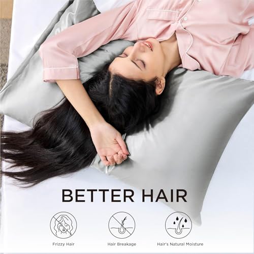 Bedsure Satin Pillowcase for Hair - Similar to Silk Pillowcase, Cooling Pillow Cases 2 Pack with Envelope Closure, Gifts for Women, Queen & Standard Size 50x75 cm, Grey