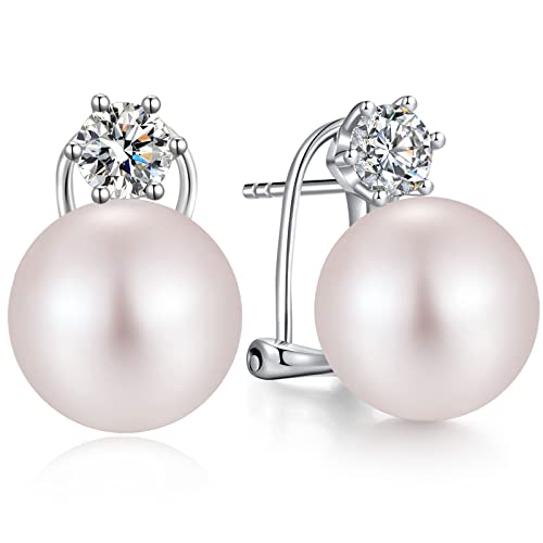 Pendientes Perla Mujer Plata de ley 925 Pendientes de Botón con Perlas Circonitas Diamantes Joyas Regalos para Mujeres Novias Bodas 12 mm Perla Blanca