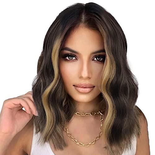 Short Wavy Wigs for Women Synthetic Shoulder Length Wavy Wigs Dark Brown Mixed Blonde Highlights Short Bob Wig for Daily (14 inch)