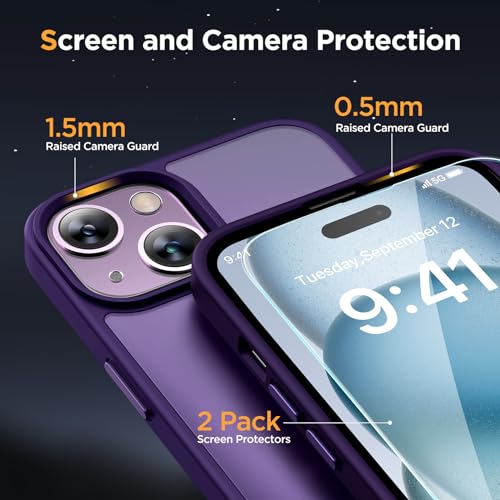 Image of Miracase Magnetic for iPhone 15 Case (Compatible with MagSafe)(with 2X Screen Protectors) Military-Grade Protection, Anti-Fingerprint Translucent Matte Phone Cover for iPhone 15 6.1 inch, Dark Purple
