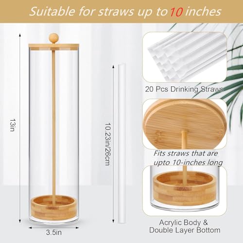 JYPS 13-Inch Acrylic Straw Dispenser with Bamboo Lid with 100 Colorful Straws, Transparent Counter Container Countertop Organizer for Kitchen, Office,Cabinet Storage, Holds Pencils, Cutlery