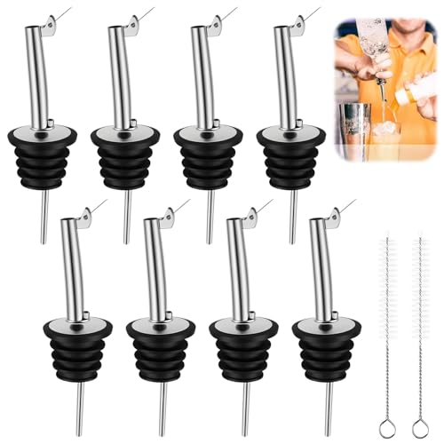NUDVMUCH 8 Piezas Vertedor de Botellas de Acero Inoxidable, Taper Vertedores Aceite con Tapa Abatible y Cepillos de Limpieza, Evita Goteos Indeseados en Bebidas, Cócteles, Aceite y Vino