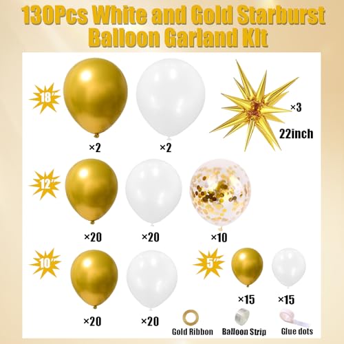 Image of White and Gold Balloons Garland Arch Kit, 130Pcs White Metallic Gold Confetti Balloon with Star Foil Balloons for Birthday Wedding Engagements Graduation Baby Shower Anniversary Party Decorations
