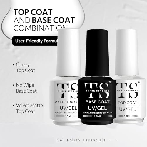 THR3E STROKES Gel Nail Polish Coats, 3 Pcs 15 ml No Wipe Matte & Shiny Top Coat, Long Lasting High Gloss and Matte Effects DIY at Home (UV LIGHT REQUIRED), Glossy Finish