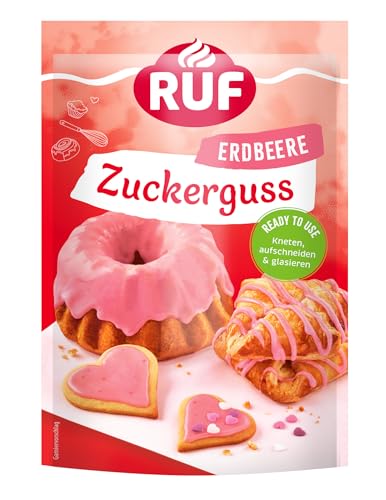 RUF Zuckerguss Erdbeer, sofort anwendbar als Glasur für Kuchen und Gebäck, fruchtig süßer Erdbeer-Genuss, 1 x 150g