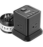 Extension Cord 15 ft, FDTEK Flat Plug Power Strip with 4 Widely Spaced Outlet with 3 USB, Extensi...