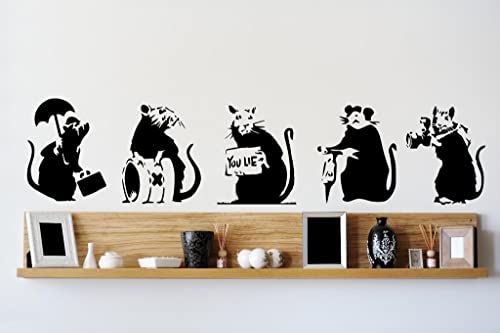 Wall Stickers Wall Tattoo, Collection of 5 Banksy Rats, Large Vinyl, 25cm h, Customisable, Many Colours, Genuine Broomsticker