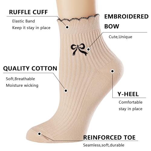 Women's Cotton Ankle Socks,Casual Knit,Ruffle Edge,Cute Fashion Embroidery Bow Pattern, Dress Socks for Girls 6 Pack(Size 5-9)2