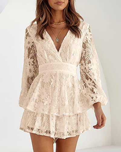 Okiwam Rompers For Women Summer 2023 Long Sleeve V Neck Tie Wasit Wrap Mini Dress Ruffle Hem Romper Dress Short Jumpsuits(Apricot,Medium) #TOP1