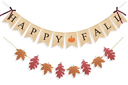 Uniwish Happy Fall Banner mit Kürbis Ahornblätter Schild Girlande Fall Thanksgiving Day Dekorationen Kaminsimse Kamin Wimpelkette Cover