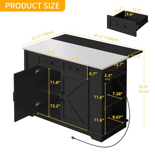 DWVO Kitchen Island w Stainless Steel Top Drop Leaf Bar Seating Power Outlet, 47" Portable Rolling Mobile Center Islands w Folding Dropleaf Storage Drawer Cabinet Wheel Counter Height Metal Top, Black by DWVO - Image 2