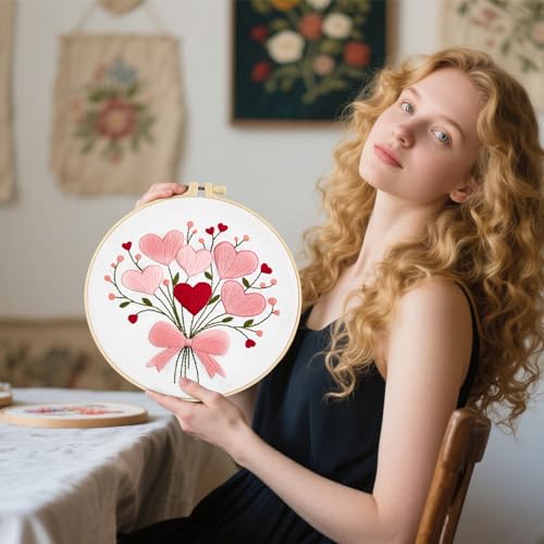 Image of Heart Flower Embroidery Kits for Beginners Adults, Pink Embroidery Starter Kits, Counted Cross Stitch Kits for Adults Anniversary Valentine's Day Gift, Embroidery Hoops, Fabric Thread & Video Tutorial