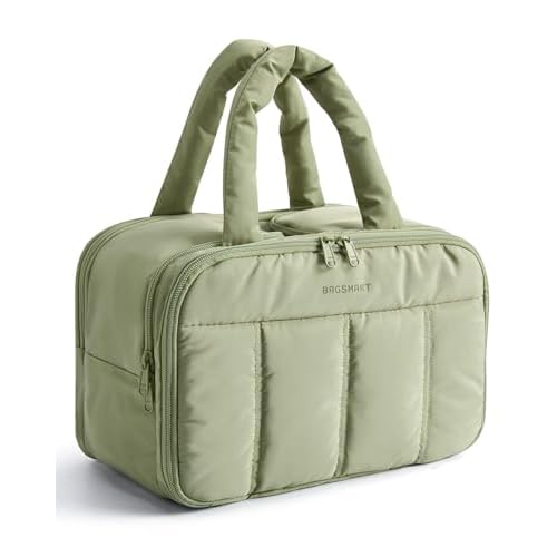 BAGSMART Travel Toiletry Bag, Puffy Large Toiletry Bag for Women, Lightweight Cosmetic Makeup Bag Organizer with Handle for Traveling, Accessories, Essentials, Toiletries (Green)