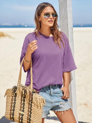 Image of Tankaneo Womens Oversized Tshirts Summer Casual Short Sleeve Crew Neck T Shirt Loose Fit Side Slit Tee Tops Light Purple