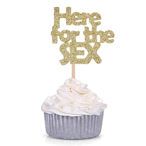 Set of 24 Gold Glitter Gender Reveal Cupcake Topper Baby Shower Party Decors/Here for The Sex