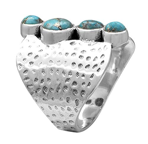 Yotreasure .925 Sterling Silver Blue Copper Turquoise Hammered Wide Band Boho Ring #TOP3