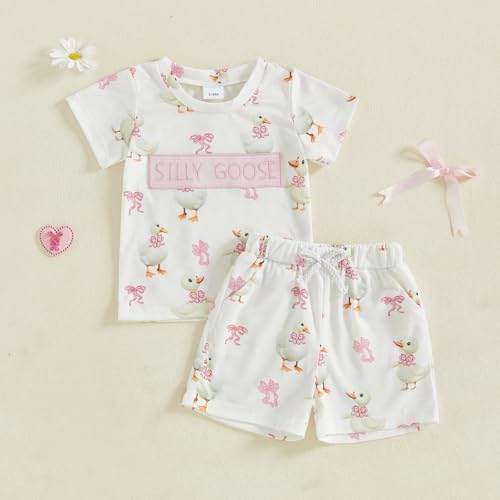 Toddler Baby Girl Summer Clothes Silly Goose Bow Print Short Sleeve T-Shirt Tops Shorts 2Pcs Set Farm Goose Outfit2