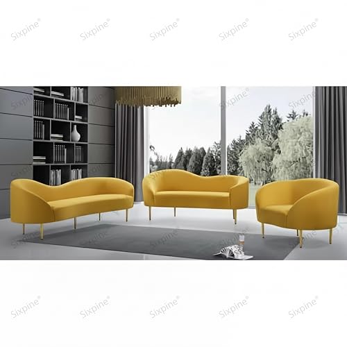 Image of Rosewood Luxury Curved Sofa in Premium Velvet-Fabric | Solid Wood Structure | High Density Foam | Sturdy Golden Legs | Comfortable & Stylish Couch for Modern Living Room (Yellow, 2 Seater)