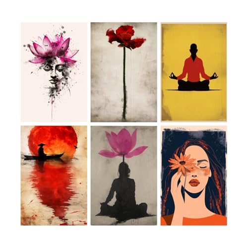 Image of SiddArtify Serene Moments - Abstract Pink - Red - Black Buddha - Lotus - Floral Art Print Set - 300GSM Board - 8x12 Inch - Pack of 6 Wall Room Decoration art Poster Prints