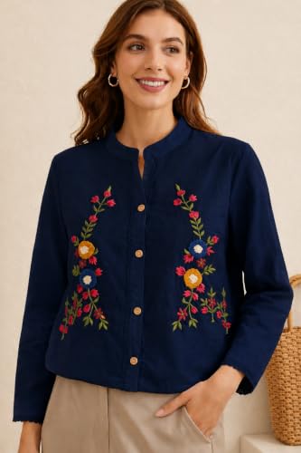 Image of RIEKA Womens Off White Cotton Shirt with Multicolour Floral Embroidery Button Down Mandarin Collar Relaxed Fit Casual Wear Top