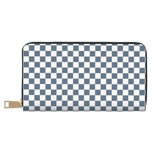 Leather Thin Slim Wallets for Women Men - Fashion Gray White Square Plaid Print Card Wallet Holder with Zipper