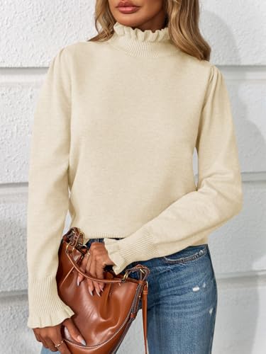 Saodimallsu Womens Ruffle Mock Neck Sweater Puff Long Sleeve Fall Soft Knit Casual Pullover Sweaters Top4