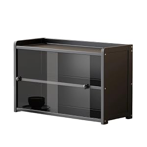 Riazdiw 両開きスライド式アクリルカウンター収納キャビネット 防塵 多層仕切り コーヒーカップ・ティーセット・調味料収納 ミニマルデザイン キッチン・デスク対応 (50*20*33cm,ブラック)