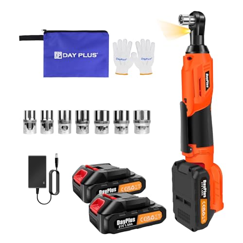 Cordless Ratchet Wrench, 45N.m 3/8 Inch Ratchet Kit, 2 x 1.5Ah Li-ion Batteries, Quick Charger, 21V Electric Ratchet Wrench with LED Light and 7 Sockets