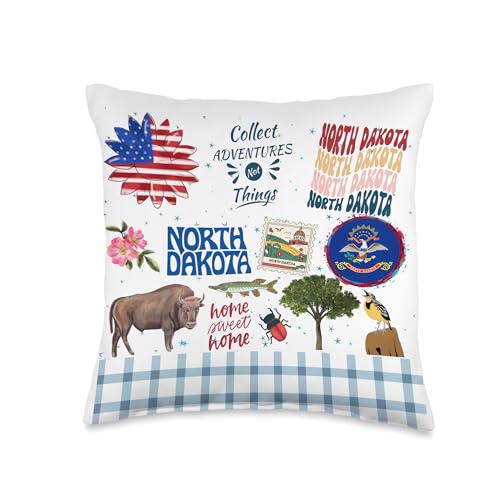 North Dakota Landscape Icon Flag State Bird Tree Bison Throw Pillow