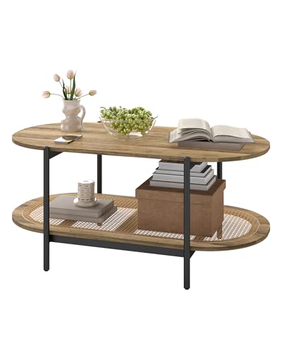 Amveya Table Basse Salon Ovale Bois, Table Basse Rotin Boheme avec étagères et Pieds de Table Noirs
