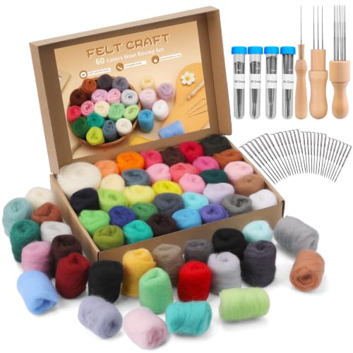 Image of Mayboos 60 Colors Needle Felting Kit with Assorted Wool Roving & Needles | Soft Felting Wool, with 4 Sizes Felting Needles 60 Pcs Total &3 Wooden Handles for Adults & Beginners DIY Felting