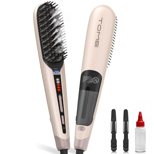TOME Steam Hair Straightener Brush, Anti Scalding Design 2 Steam Levels, 3 Heat Settings, Fast Styling Steam Brush with Less Heat Damage, Anti-Frizz 100-240 Dual Voltage Pink