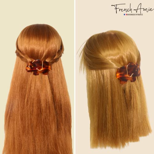 French Amie Elephant Crystal Tortoise Shell Brown 3 1/4” Celluloid Acetate Handmade Automatic Hair Clip Barrette With No Slip Sturdy Silver Clasp For Women And Girls, Made In France #TOP4