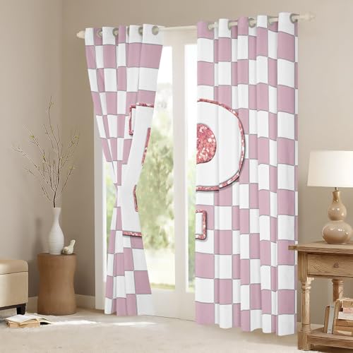 Image of Erosebridal Pink Initial P Blackout Curtains for Kids Girls Bedroom Kawaii Plaid Checkered Window Curtains 2 Panels 52 inchWx63 inchL Cute Personalized Monogram Drapes,Fashion Grids Gingham Window Treatments