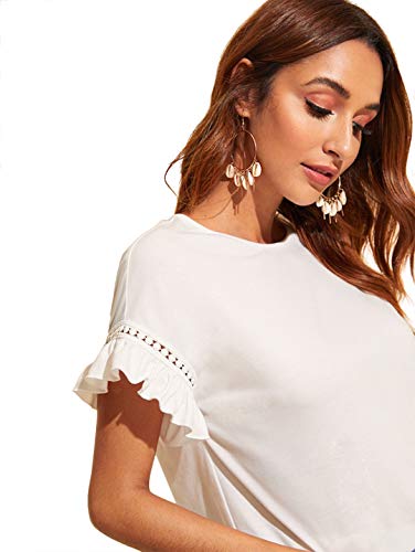Romwe Women's Short Sleeve Ruffle Trim Contrast Lace Cotton Summer Blouse Top White S #TOP3