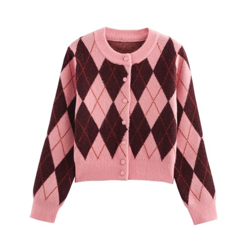 KEOMUD Women's Fall Vintage Argyle Cardigan Sweater Long Sleeve Button Down Soft Knit Sweaters for Outwear