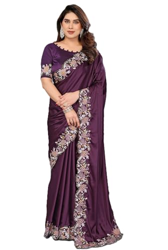 Image of Pandadi Saree Women's Satin Embroidery Work Saree With Unstitched Blouse Piece