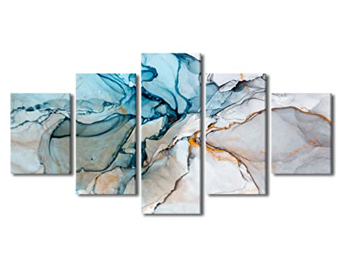 Image of TISHIRON 5 Pieces Canvas Wall Art eal Blue Grey Modern Abstract Artwork Painting Wall Art Home Decorations Colorful Turquoise Décor for Living Room Framed Stretched Ready to Hang(60" Wx32 H)