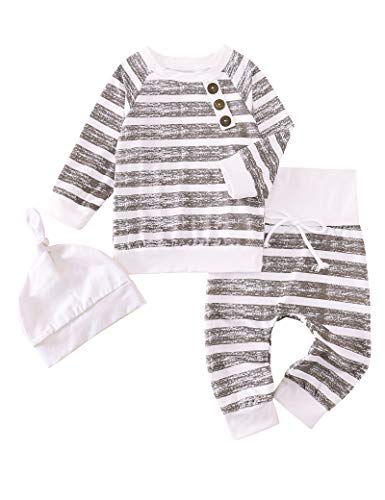 Newborn Baby Boys Girls Hooded Sweatshirt T-Shirt Tops+Striped Pants Kids Outfits Clothes Set(6-12 Months)